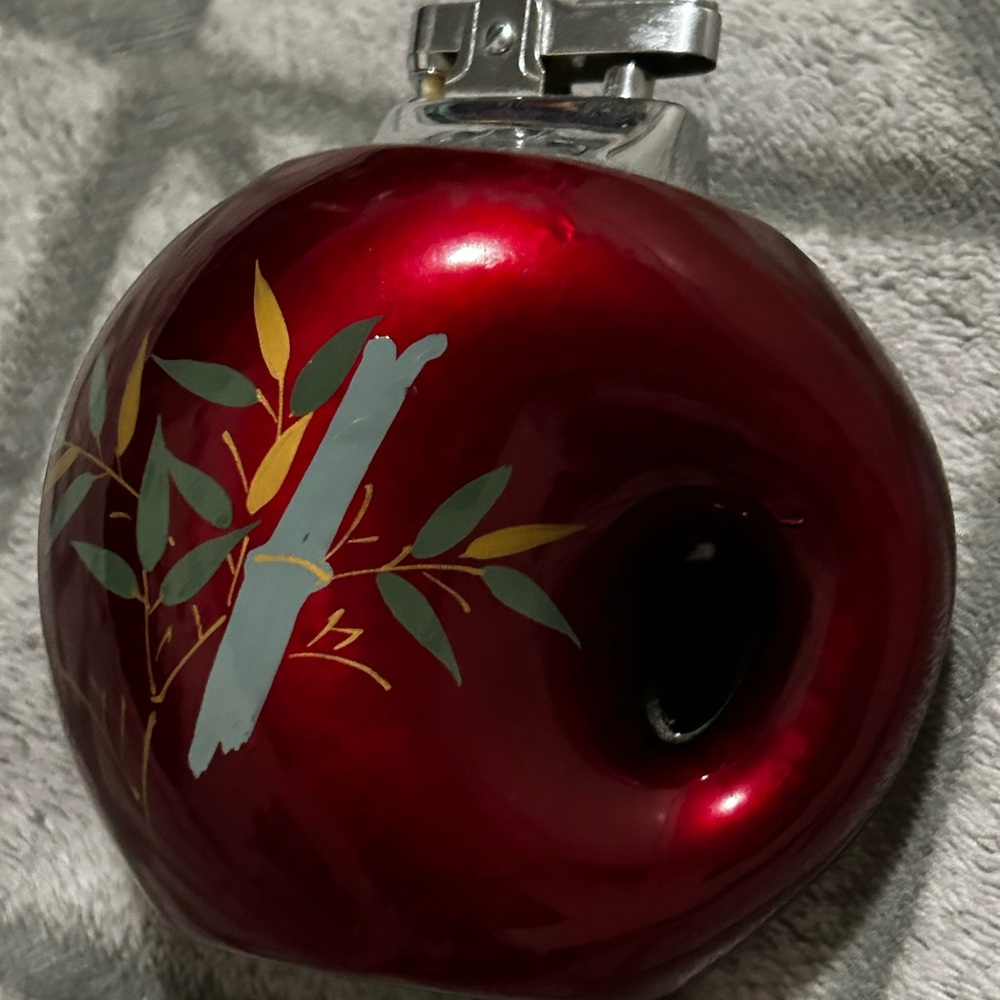 Vintage Enamelled Bamboo Design Table Lighter Red Oriental (EMPTY)